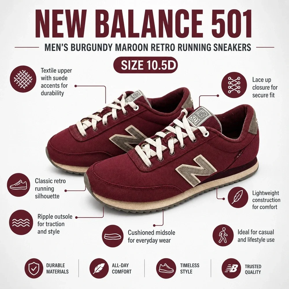 New Balance 501 Men's Size 10.5 D Burgundy Maroon Retro Running Shoes MZ501POY
